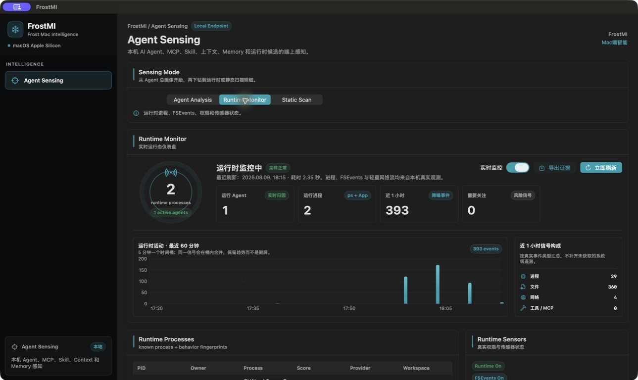 FrostMI Runtime Monitor with live Agent process count, 60-minute event chart, signal breakdown, and local sensor status