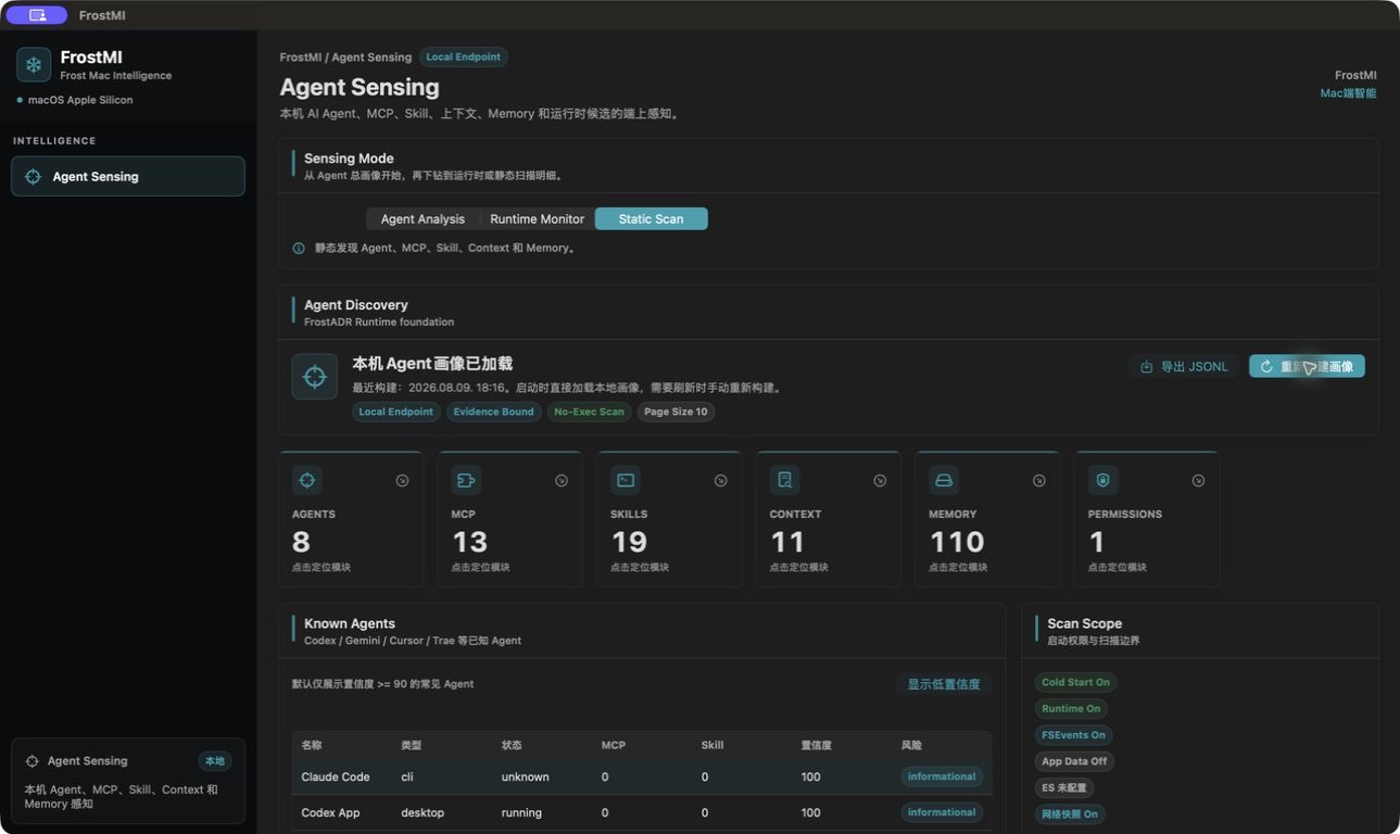 FrostMI Static Scan with Agents, MCP servers, Skills, context, memory, permissions, and scan roots